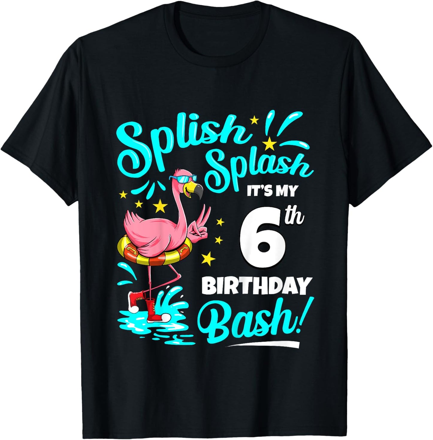 6th Birthday Flamingo 6 Years Old Pool Party Summer T-Shirt - T-Shirt | Black
