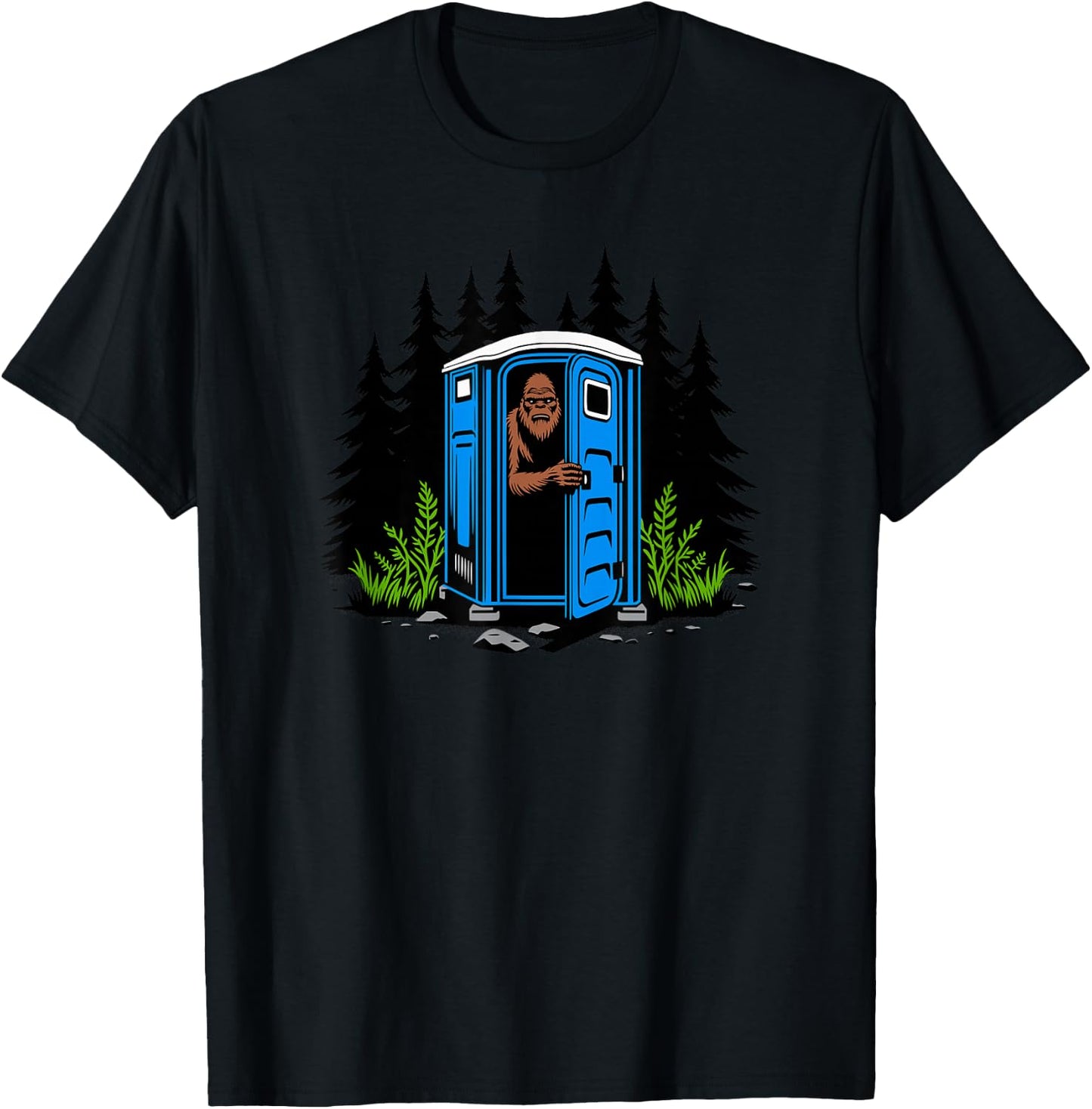 Bigfoot Peeking Out of A Porta Potty in The Woods T-Shirt - T-Shirt | Black