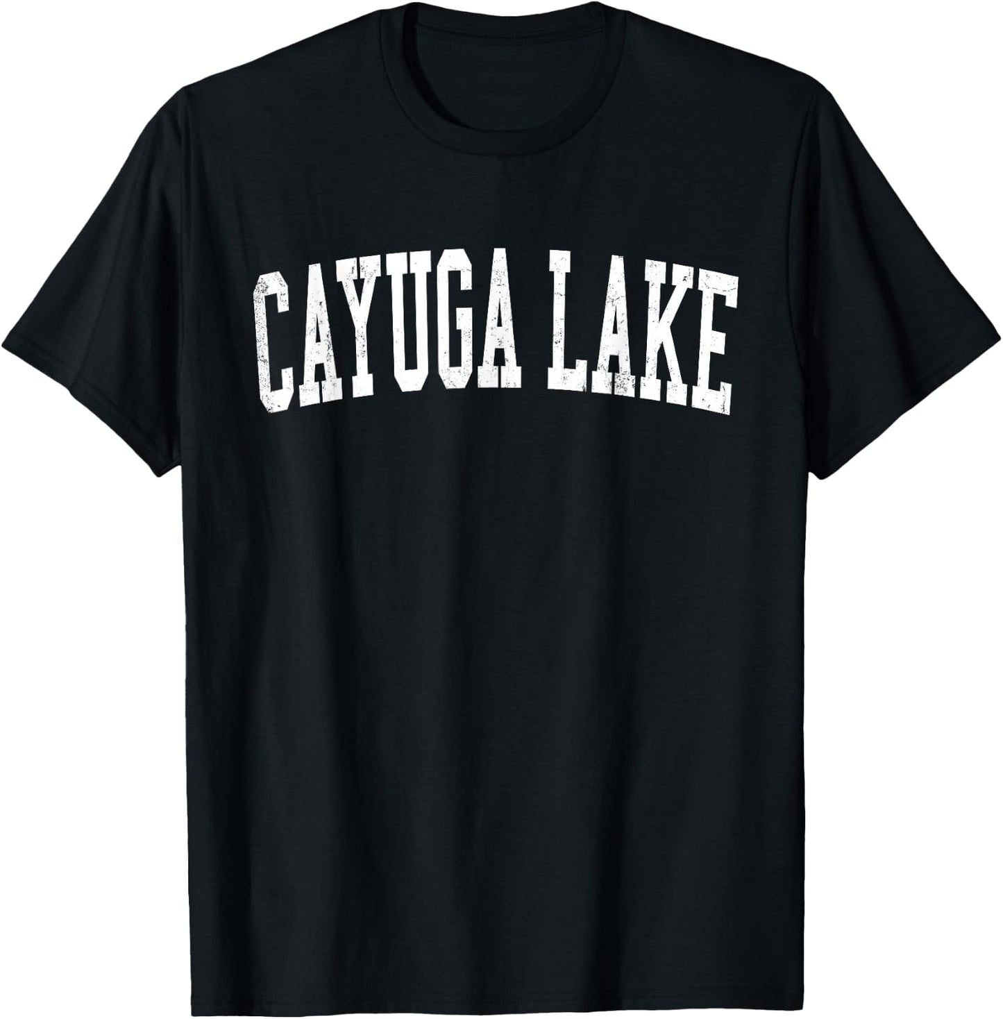 Vintage Cayuga Lake Distressed White Varsity Style T-Shirt - T-Shirt | Black