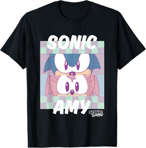 Sonic The Hedgehog Sonic & Amy Eyes Closeup Panels Retro T-Shirt - T-Shirt | Black