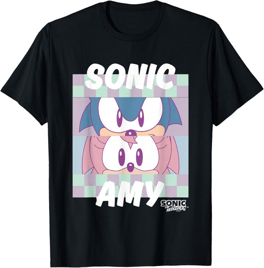 Sonic The Hedgehog Sonic & Amy Eyes Closeup Panels Retro T-Shirt - T-Shirt | Black