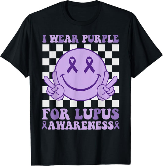 I Wear Purple For Lupus Awareness Happy Face & Ribbon Kids T-Shirt - T-Shirt | Black