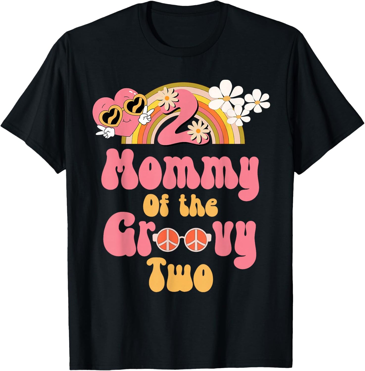 Mommy of the Groovy Two peace sign retro birthday matching T-Shirt - T-Shirt | Black