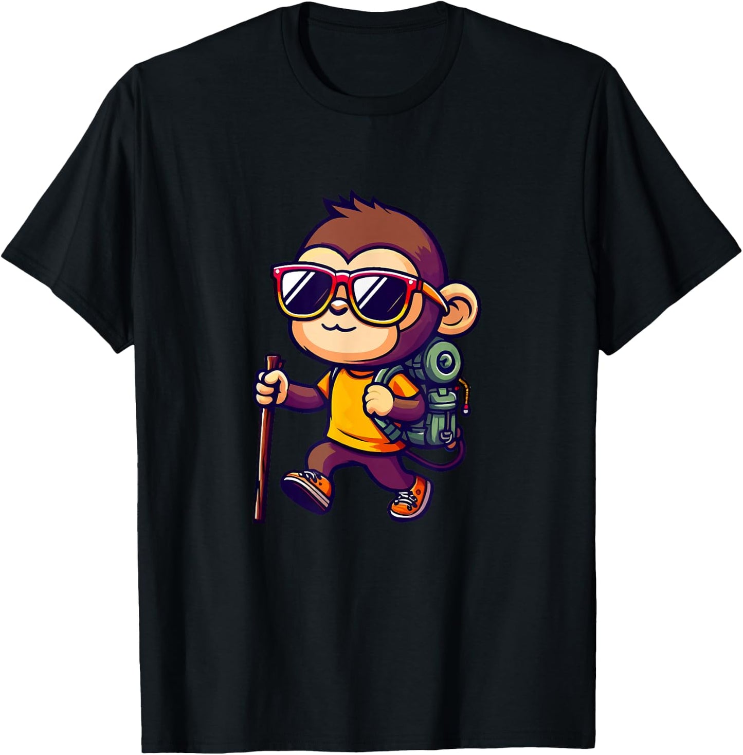 Hiking Monkey With Backpack And Walking Stick T-Shirt - T-Shirt | Black