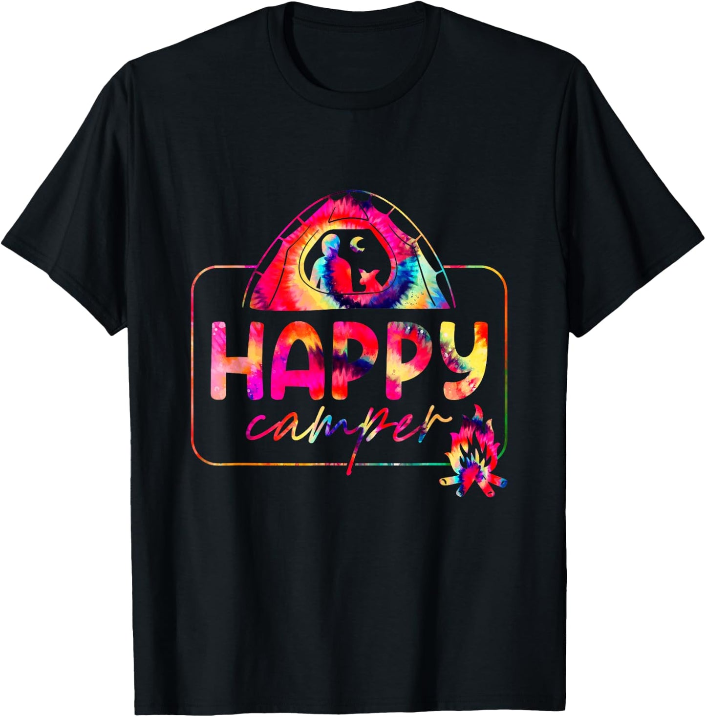 Happy a Camper Tie Dye Rainbow Camping Hippie Campfire T-Shirt - T-Shirt | Black
