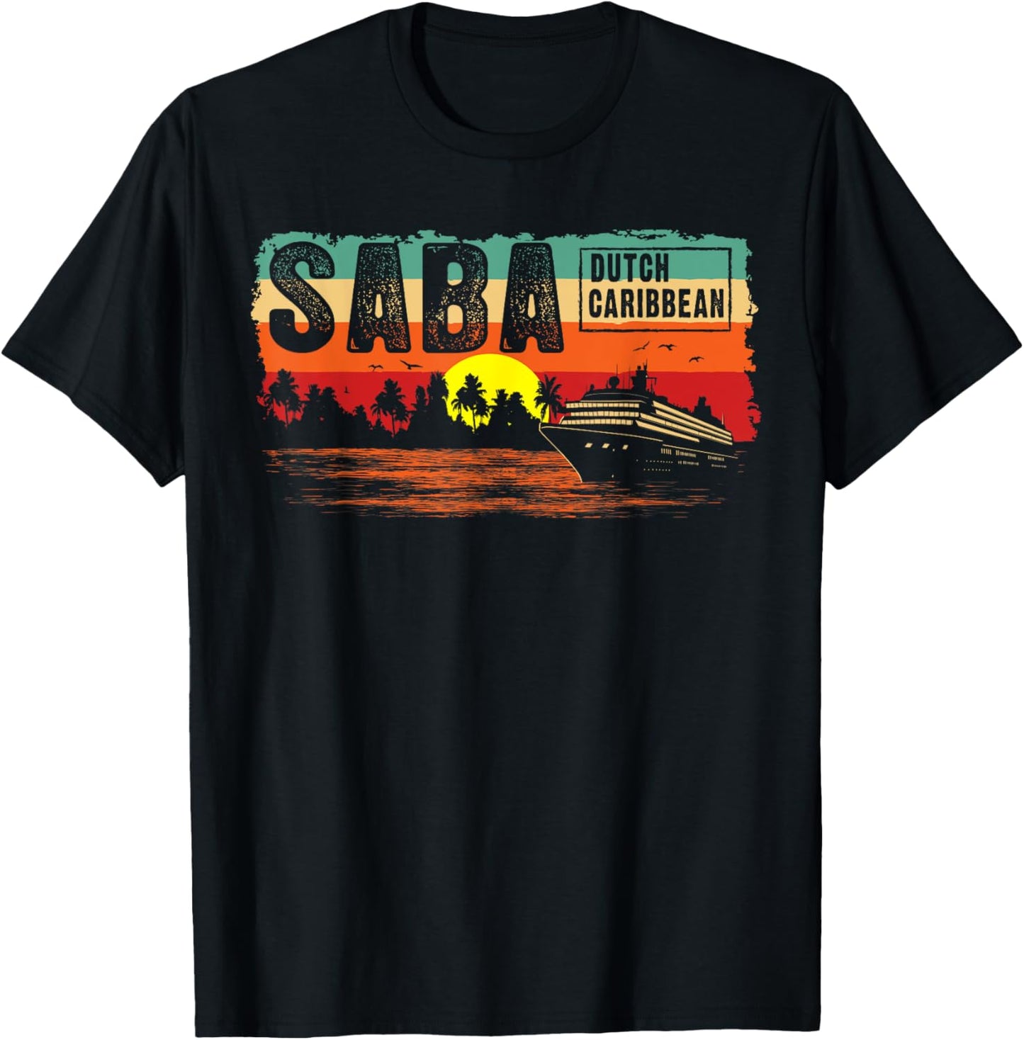 Vintage Tropical Sunset Dutch Caribbean Saba Island T-Shirt - T-Shirt | Black