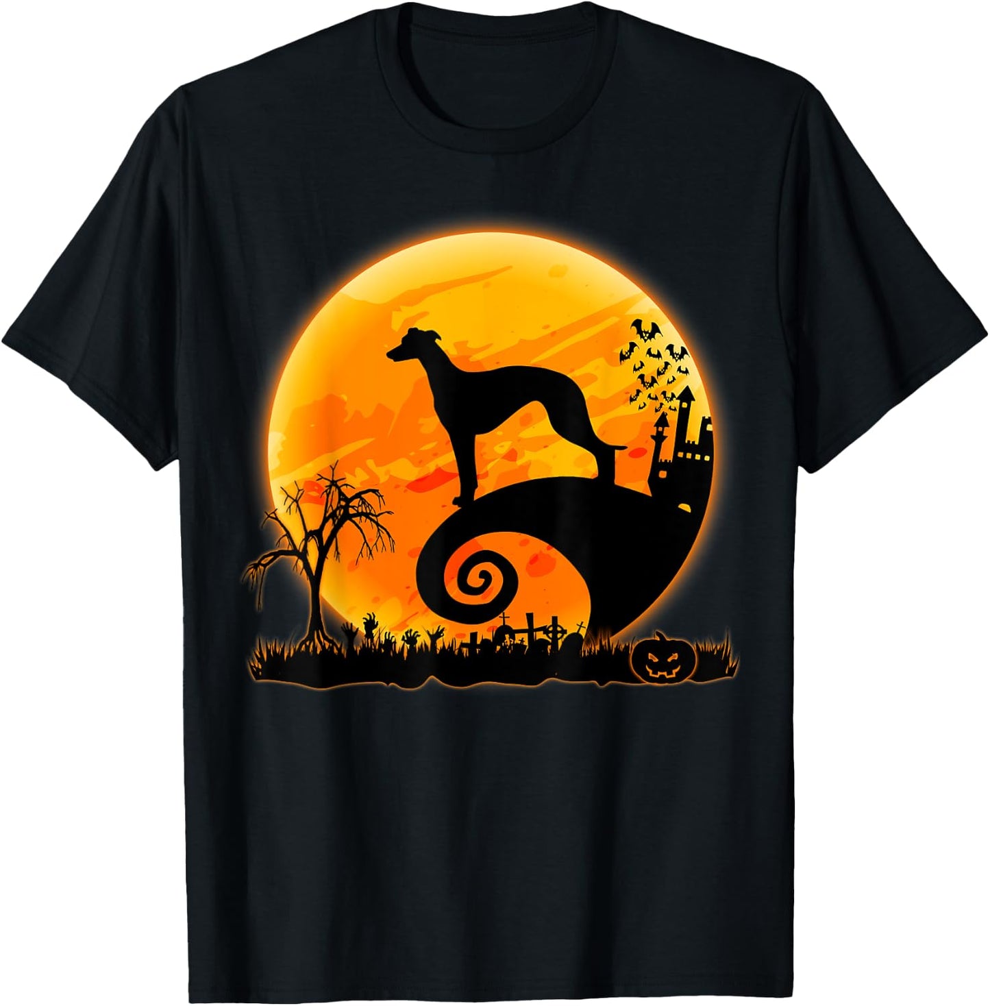 Whippet Dog Scary And Moon Funny Halloween Costume Men Women Kids T-Shirt - T-Shirt | Black