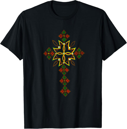 Ethiopian Cross shirt Traditional Ethiopian cross art T-Shirt - T-Shirt | Black