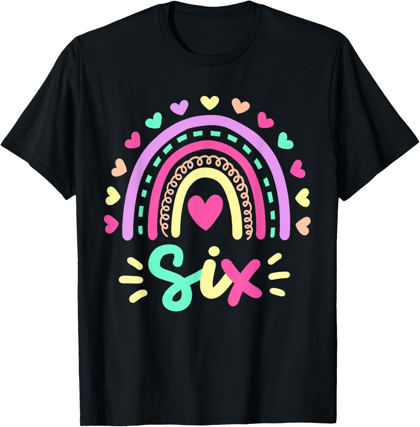 Six 6th Birthday Retro Rainbow Boho 6 Years Old Girls Kids T-Shirt - T-Shirt | Black