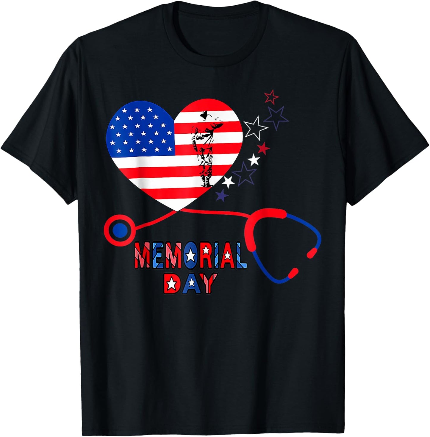 Nurse Stethoscope Heart Patriotic Memorial day Flag America T-Shirt - T-Shirt | Black