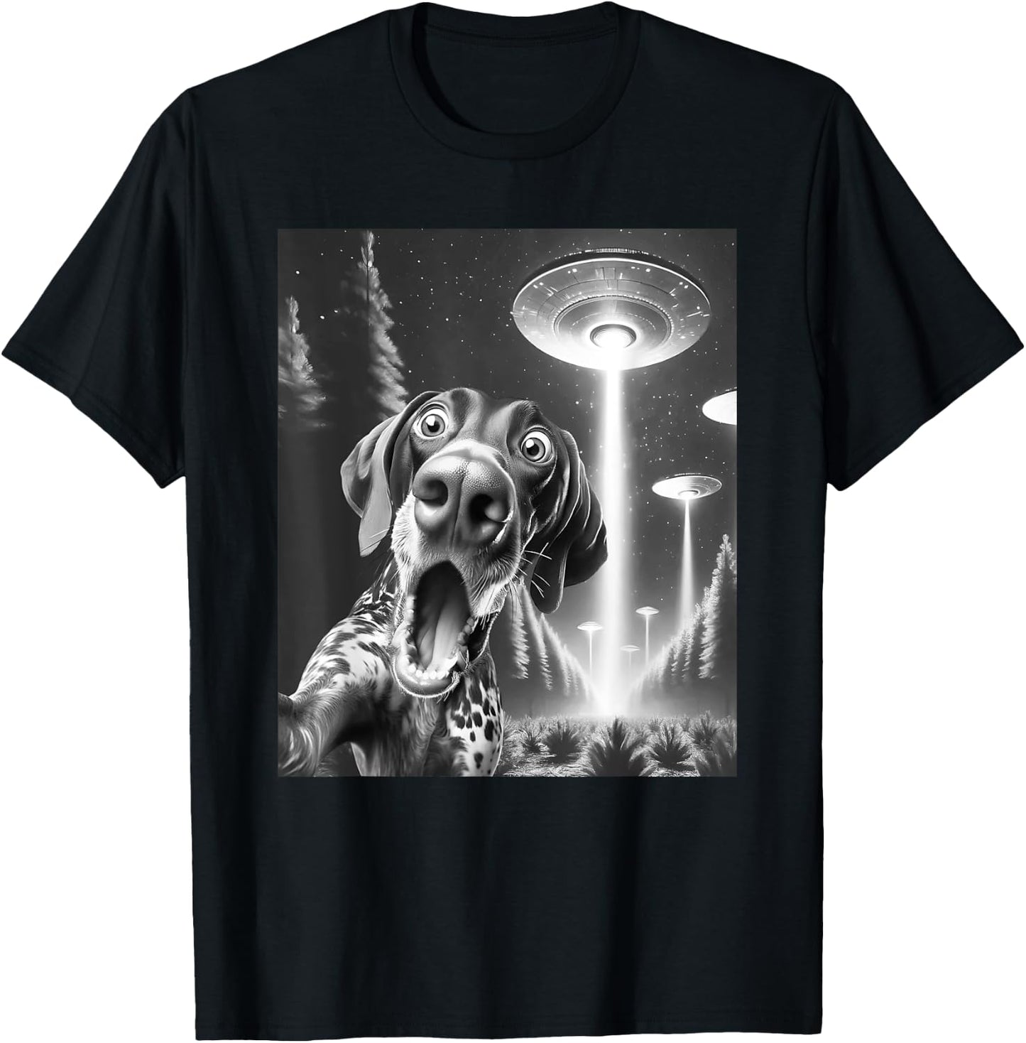 Funny German Shorthaired Pointer Alien UFO Taking a Selfie T-Shirt - T-Shirt | Black