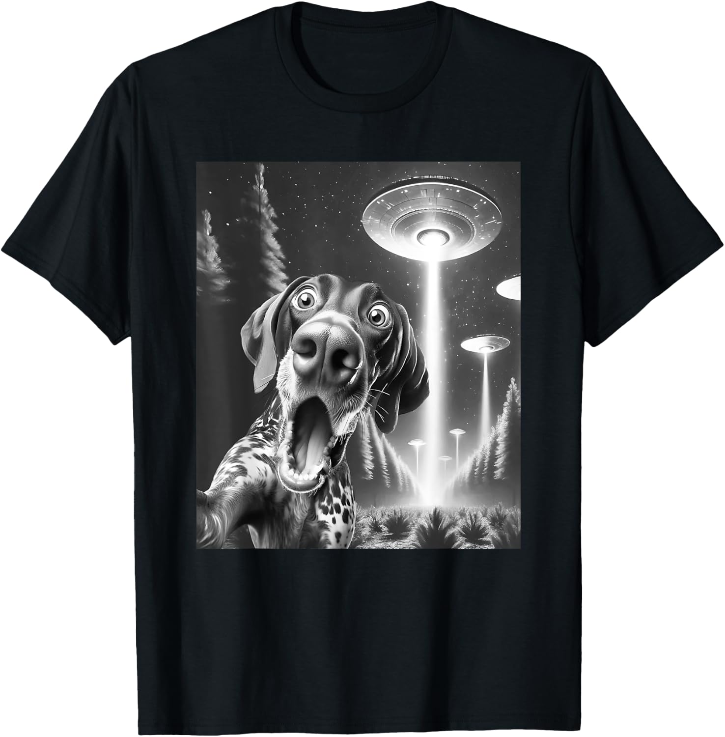 Funny German Shorthaired Pointer Alien UFO Taking a Selfie T-Shirt - T-Shirt | Black