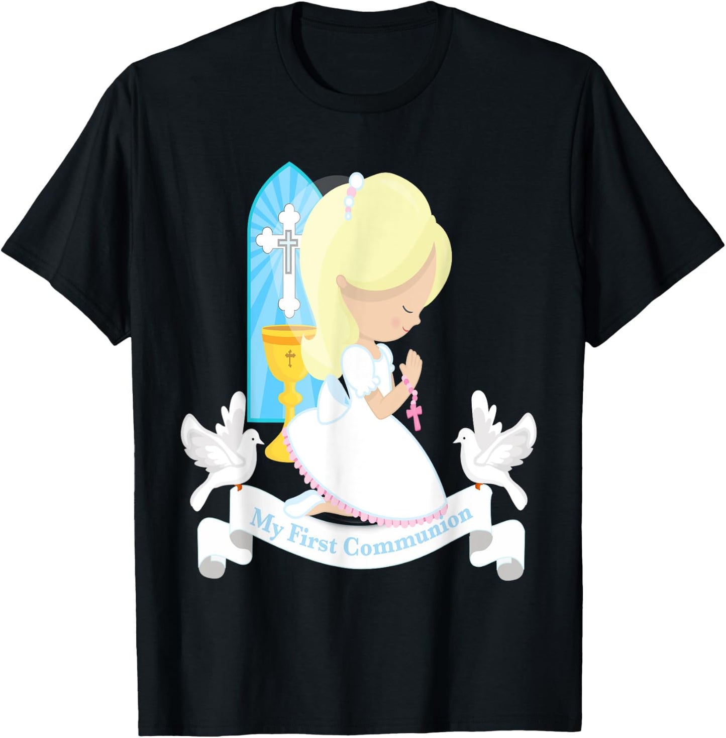 My First Communion Shirt Gift Cute Kids Daughter Girl Blonde T-Shirt - T-Shirt | Black