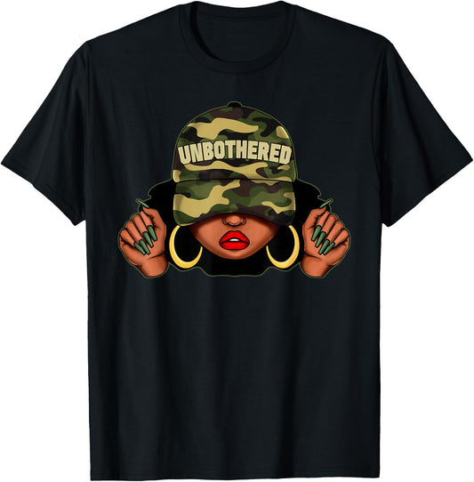 Unbothered Black Girl with Cap Camo Afro Woman Black Queen T-Shirt - T-Shirt | Black
