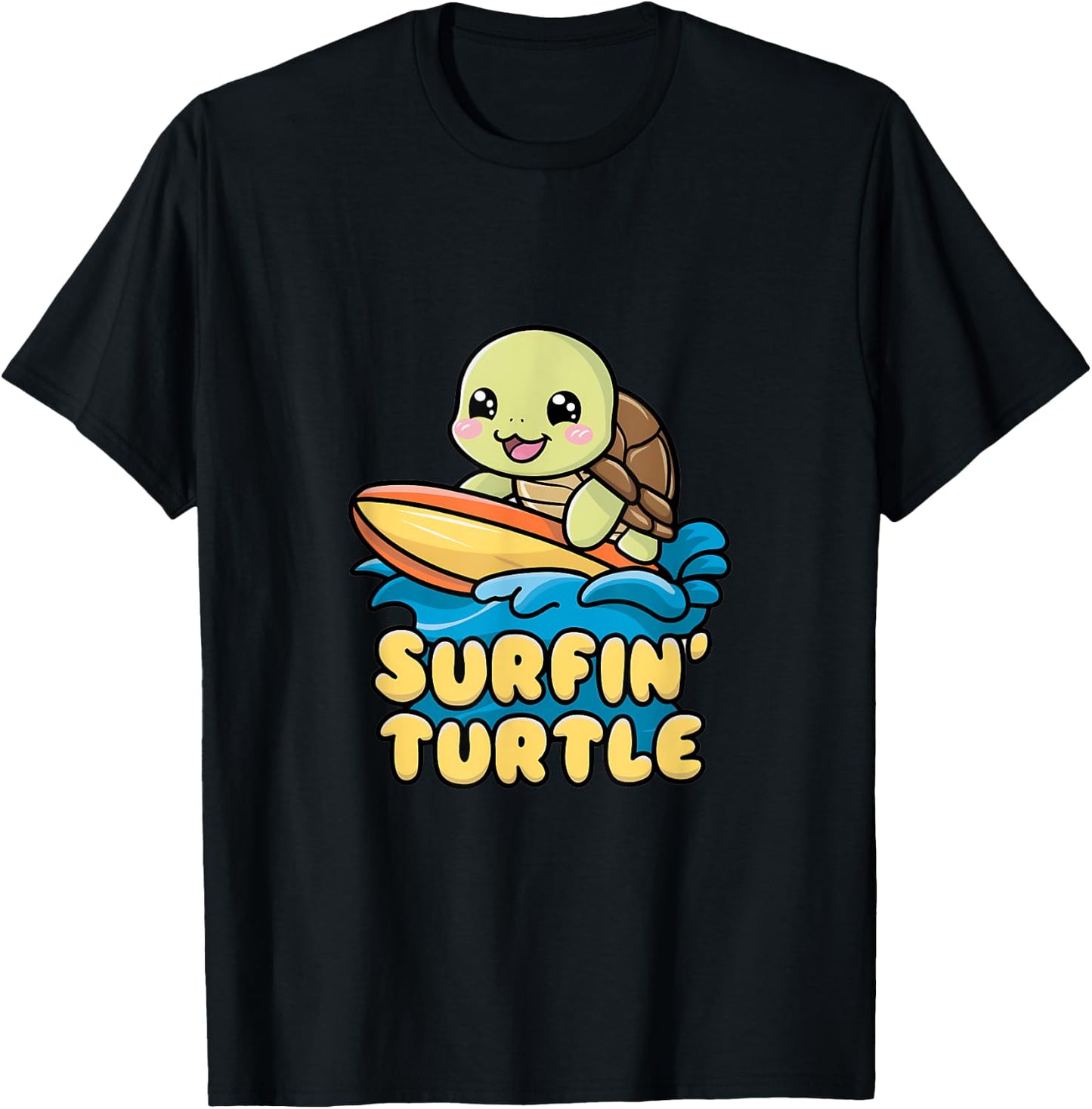 Surfin' Turtle Kawaii Surfing Design Women Kids T-Shirt - T-Shirt | Black