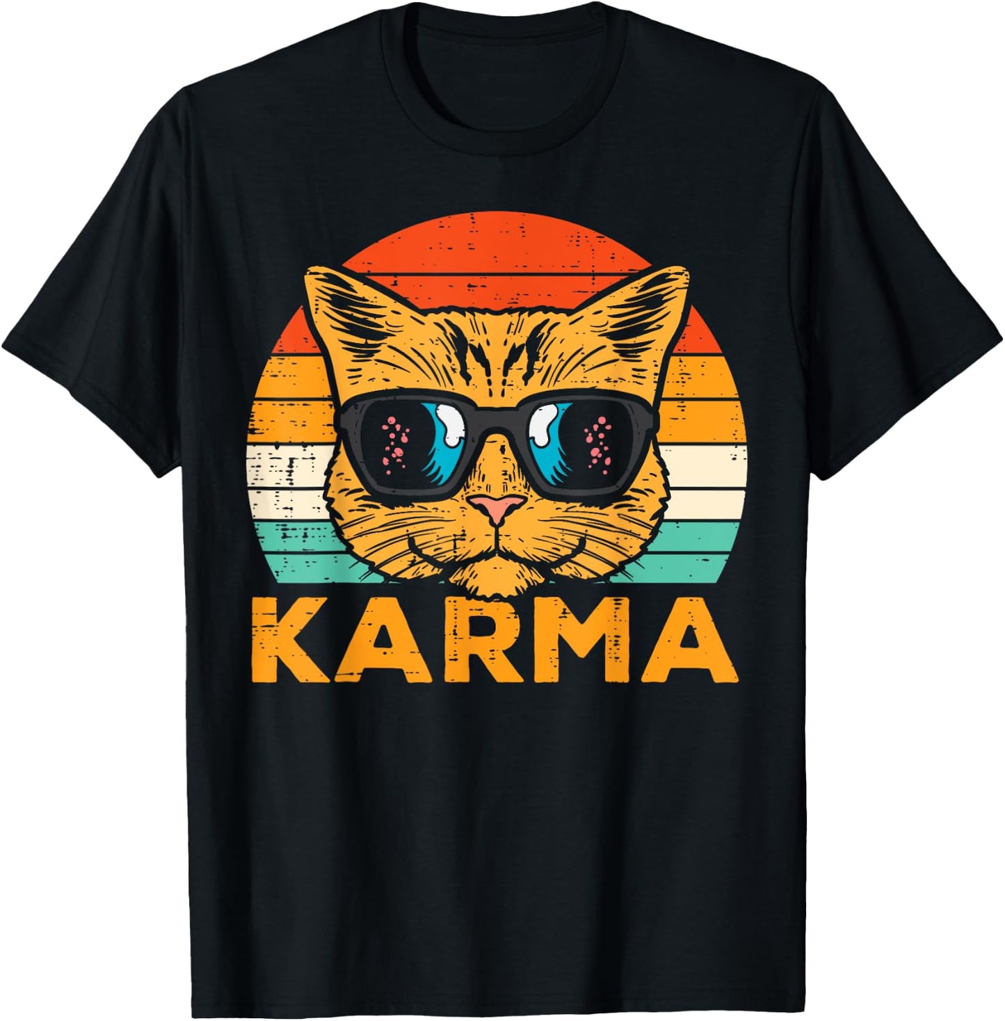 Karma Cat Face Sunset Retro Music Vibe Women Men Kids Youth T-Shirt - T-Shirt | Black