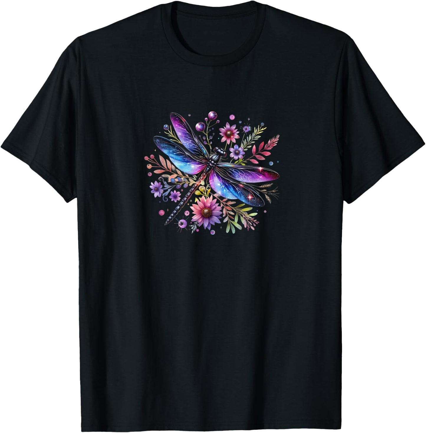 Beautiful Watercolor Black and Purple Dragonfly On Flowers T-Shirt - T-Shirt | Black