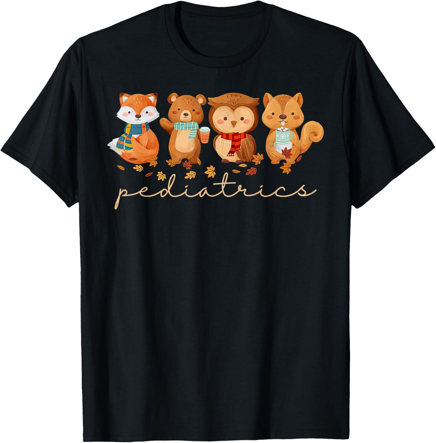 Cute Animals Pediatric Nurse Leaves Fall Thanksgiving PEDS T-Shirt - T-Shirt | Black