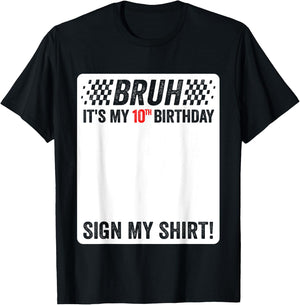 10th Birthday Sign My Shirt Boys Checkered Race Car Party T-Shirt - T-Shirt | Black