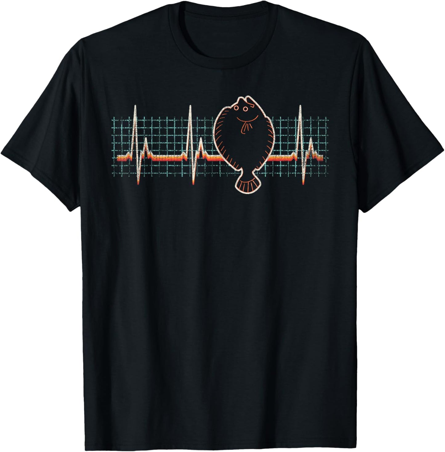 Flounder Fishing Retro Heartbeat Vintage 80s Style Gift T-Shirt - T-Shirt | Black