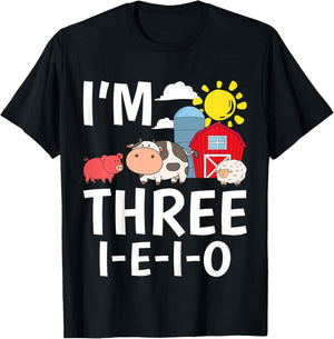 Kids I'm Three I-E-I-O 3 Years Old Farm Animal Birthday T-Shirt - T-Shirt | Black