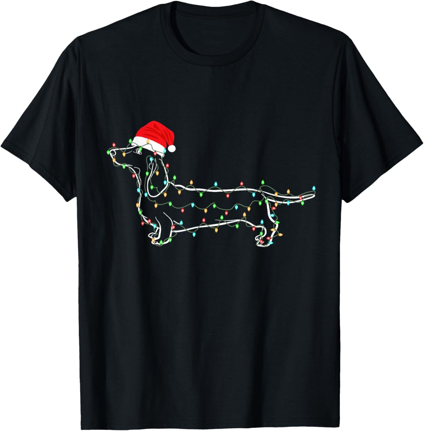 Dachshund Christmas Lights Santa Hat Xmas Dog Lover T-Shirt - T-Shirt | Black