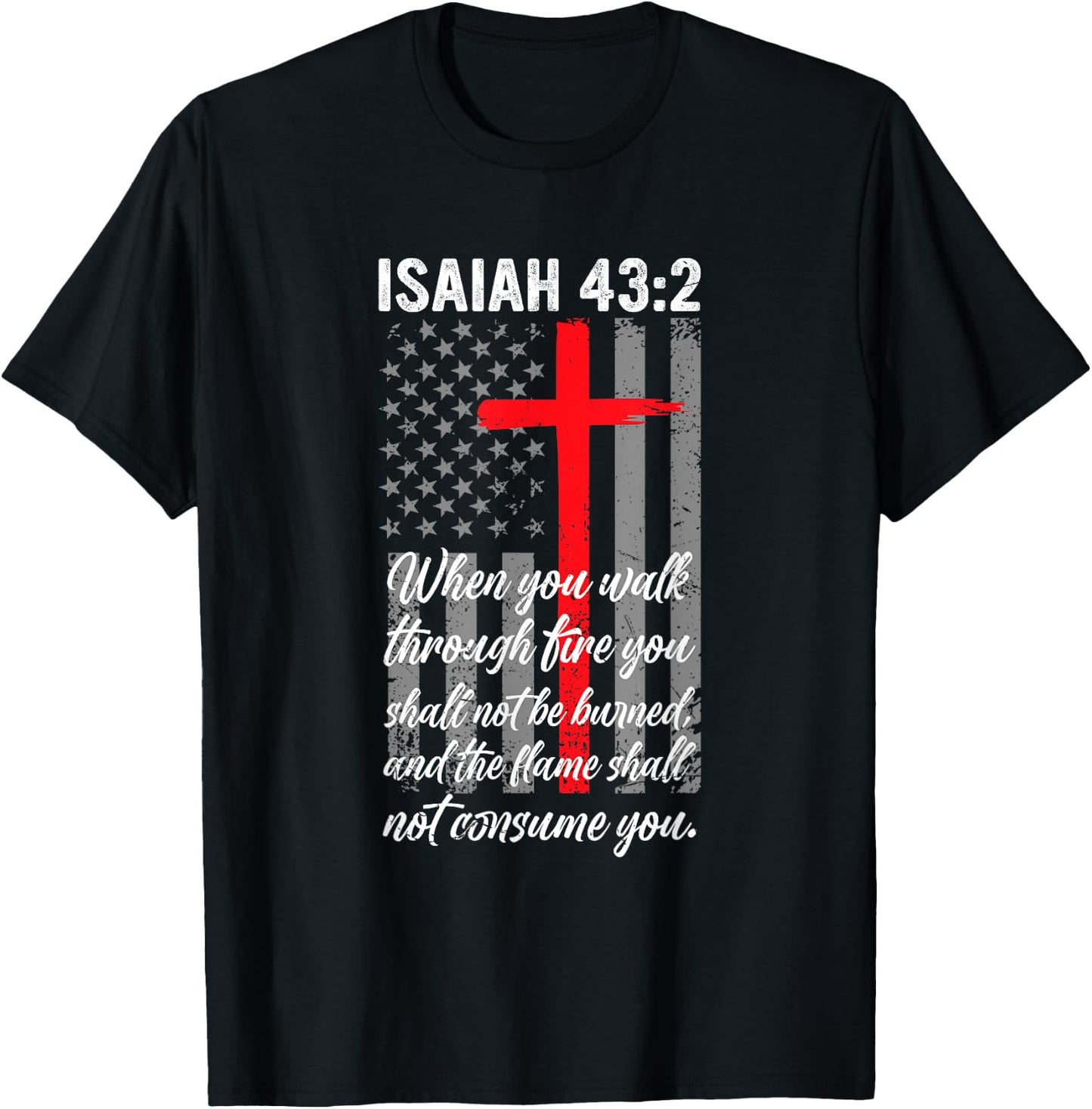 Thin Red Line Firefighter Cross Bible Verse American Flag T-Shirt - T-Shirt | Black