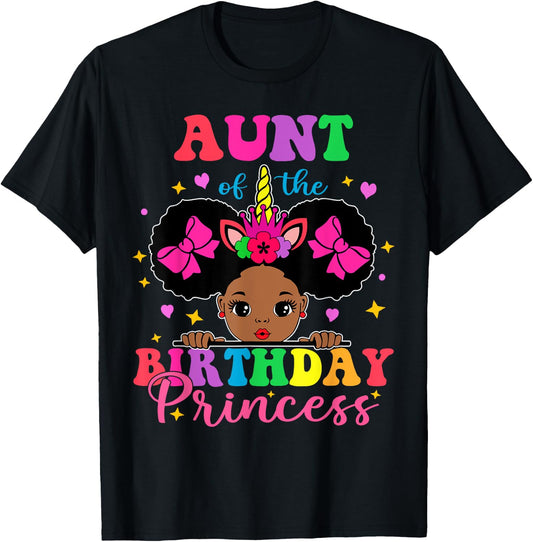 Aunt of The Birthday Girl Princess Afro Melanin Unicorn T-Shirt - T-Shirt | Black