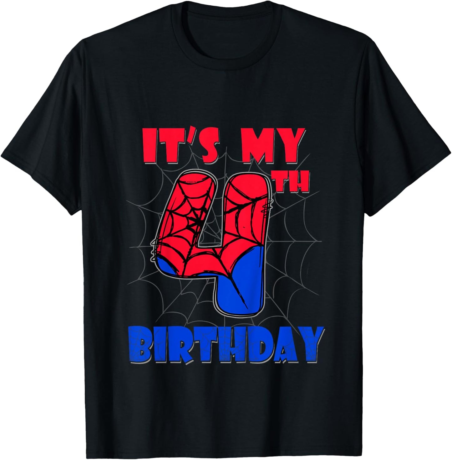 Kids It's My 4th Birthday Spider Theme Party 4 Year Old Boys Kids T-Shirt - T-Shirt | Black