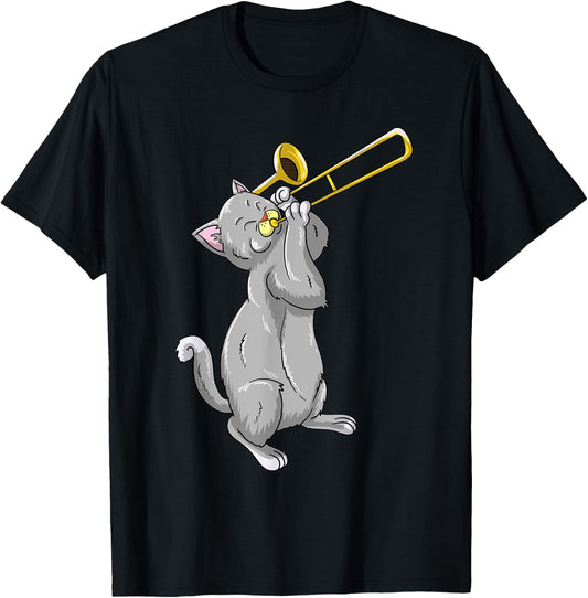 Funny Trombone Design Women Kitten Trombone Player T-Shirt - T-Shirt | Black