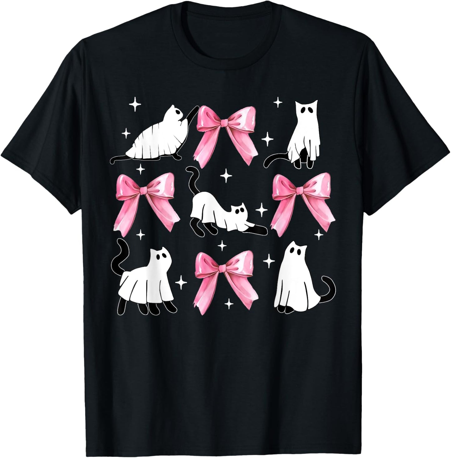 Ghost Cat Boo Costume Cute Pink Bow Coquette Kitty Halloween Women Kids T-Shirt - T-Shirt | Black