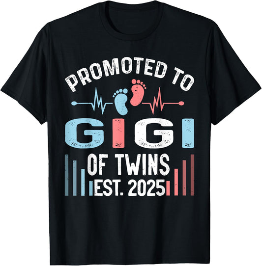 Promoted To Gigi Of Twins Est 2025 Twin Baby Shower T-Shirt - T-Shirt | Black