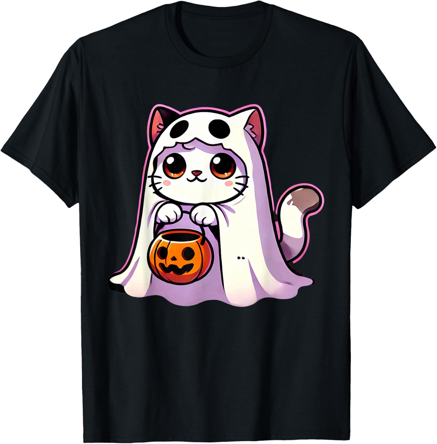 Cat Ghost Halloween Cute Kitty Men Women Kids T-Shirt - T-Shirt | Black