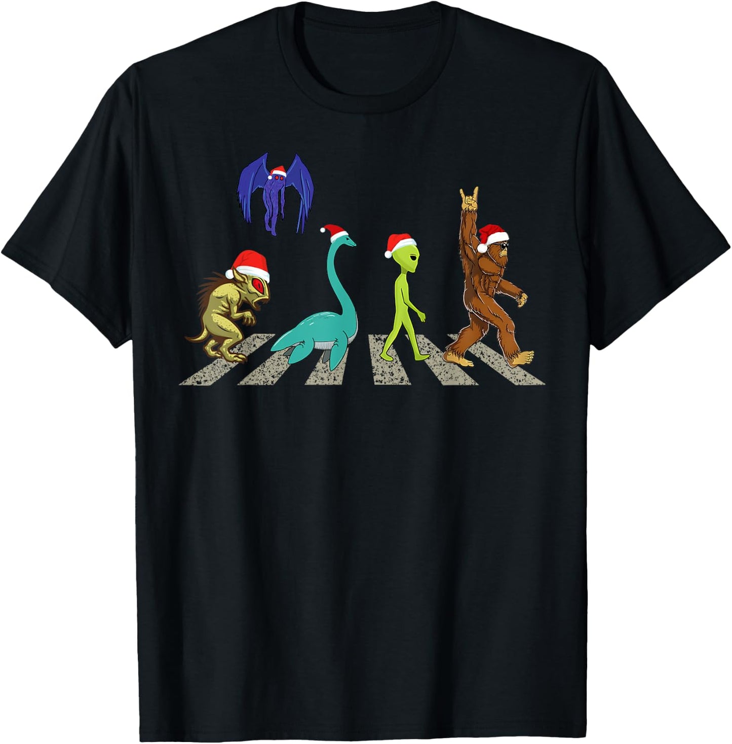 Christmas Cryptid Squad Bigfoot Mothman Alien Nessie T-Shirt - T-Shirt | Black