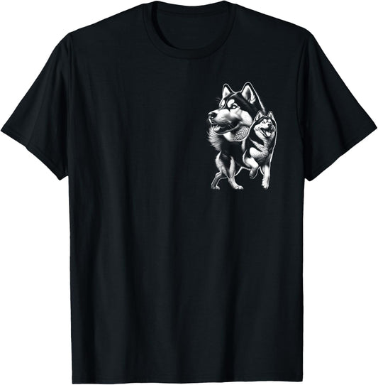 Cool Siberian Husky Dog in Chic Drawing Style on Chest T-Shirt - T-Shirt | Black