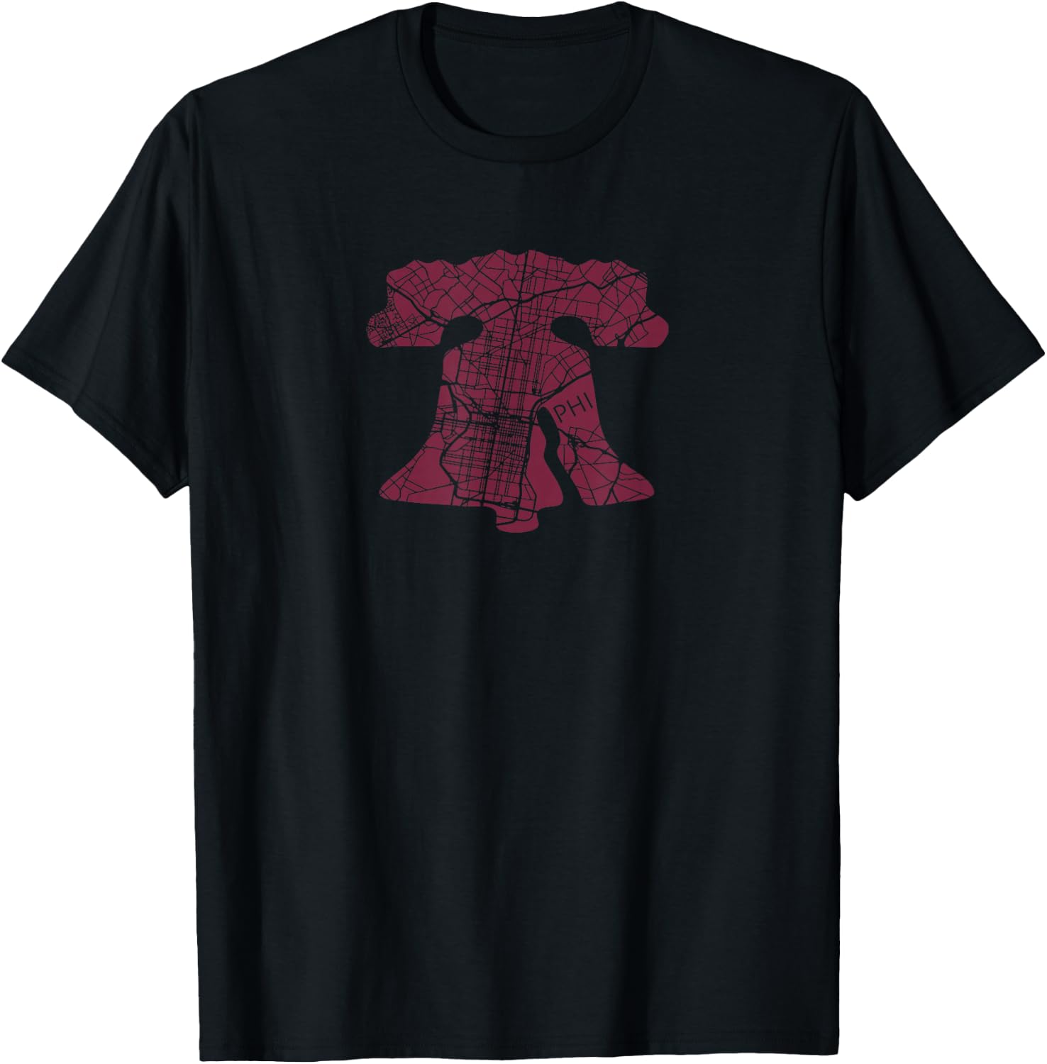 Philadelphia Street Map Liberty Bell Vintage Maroon Philly T-Shirt - T-Shirt | Black