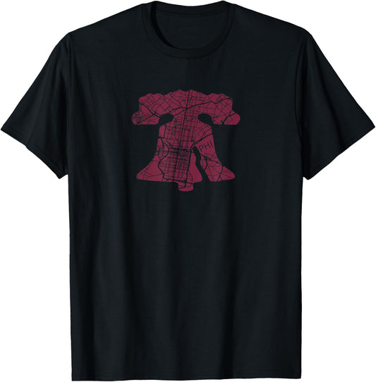 Philadelphia Street Map Liberty Bell Vintage Maroon Philly T-Shirt - T-Shirt | Black