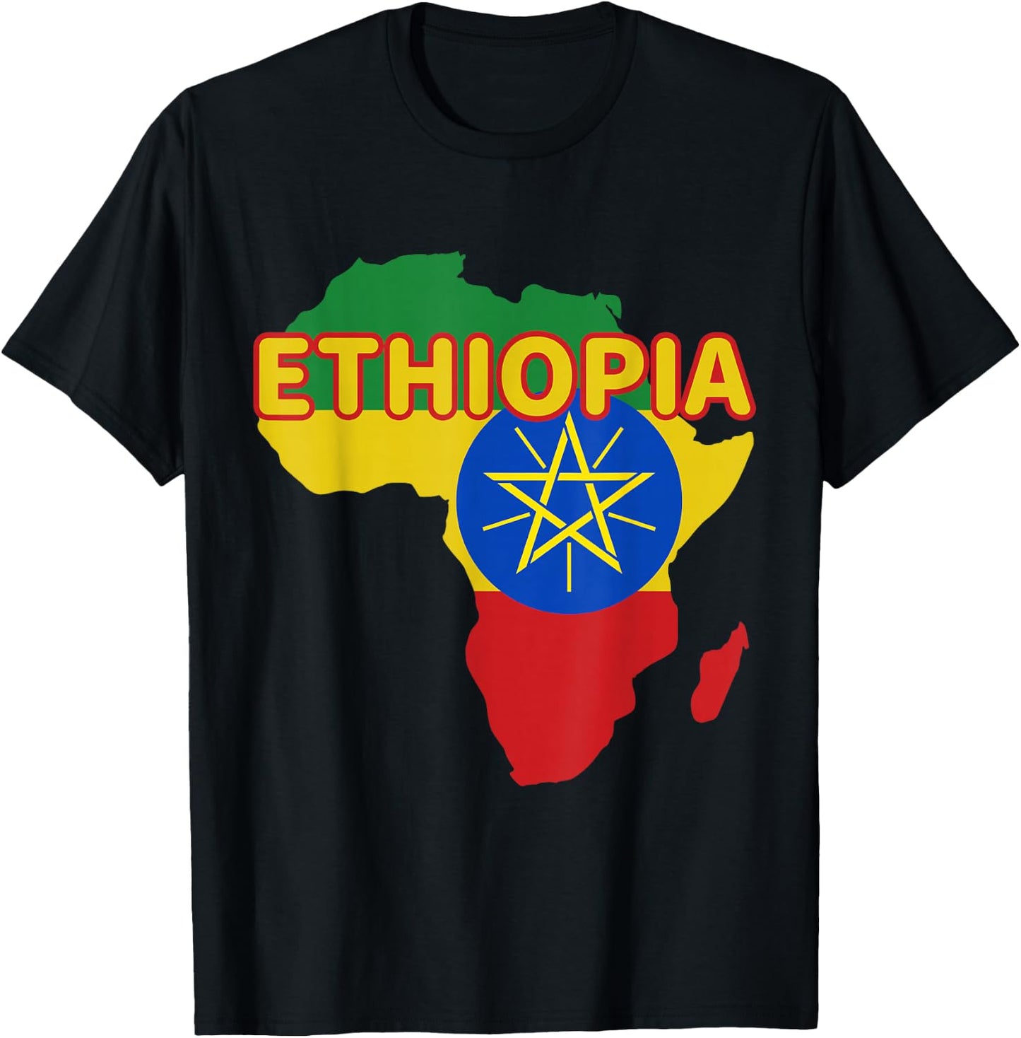 Ethiopia Ethiopian Pride Flag Map Africa Print T-Shirt - T-Shirt | Black