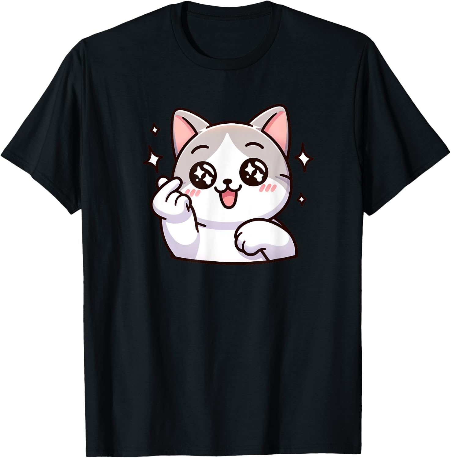 Funny Cat Cartoon Finger-heart K-pop Korean Men Women Kids T-Shirt - T-Shirt | Black