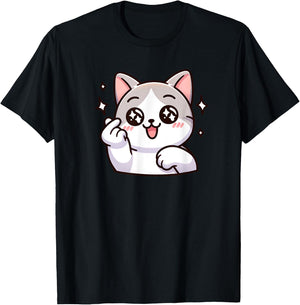 Funny Cat Cartoon Finger-heart K-pop Korean Men Women Kids T-Shirt - T-Shirt | Black