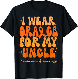 I Wear Orange For My Uncle Leukemia Awareness Retro Groovy T-Shirt - T-Shirt | Black