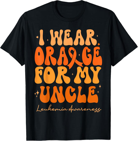 I Wear Orange For My Uncle Leukemia Awareness Retro Groovy T-Shirt - T-Shirt | Black