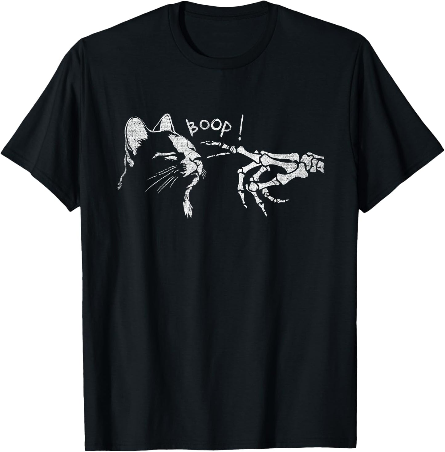 Black Cat Skeleton Hand Boop On A Cat's Nose Funny Halloween T-Shirt - T-Shirt | Black