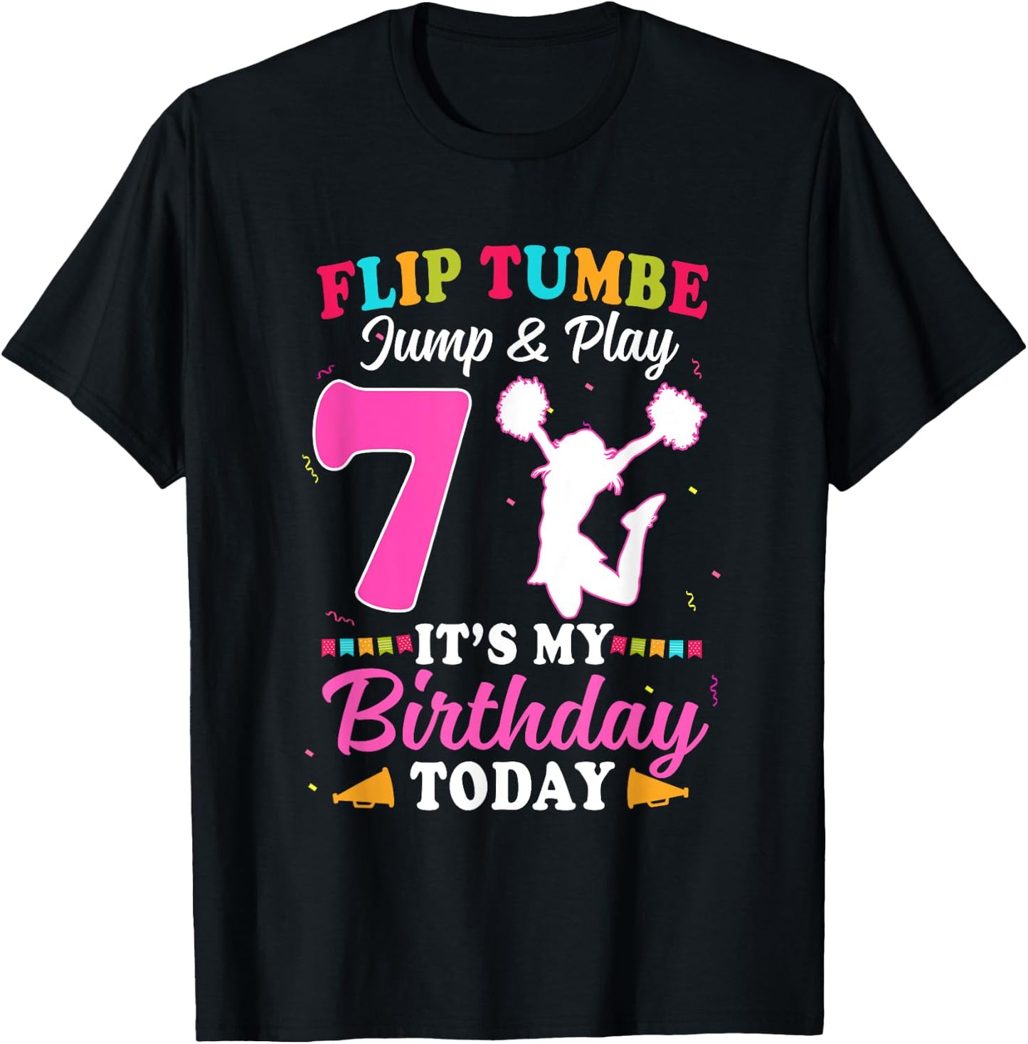 7th Birthday Cheerleading Girl 7 Year Old Cheerleader T-Shirt - T-Shirt | Black