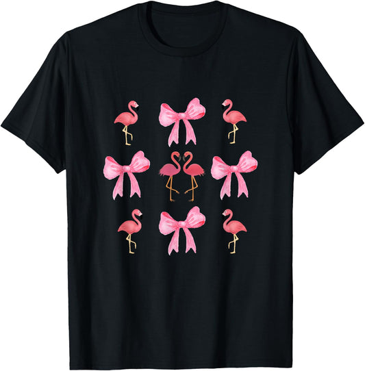Pink Bows Cute Coquette Flamingo y2k Girl Aesthetic bow T-Shirt - T-Shirt | Black