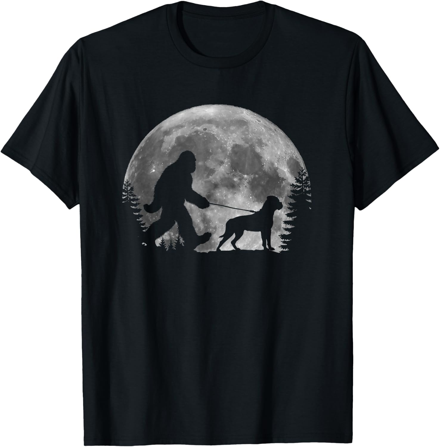 Bigfoot Walking a Dog Funny Bull Mastiff Moon Halloween Men Women Kids T-Shirt - T-Shirt | Black