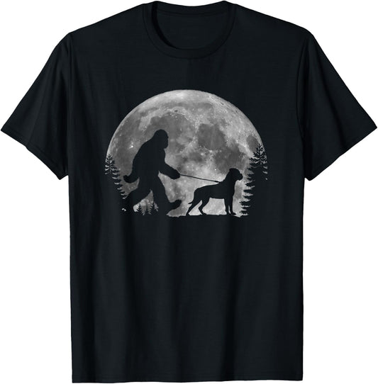 Bigfoot Walking a Dog Funny Bull Mastiff Moon Halloween Men Women Kids T-Shirt - T-Shirt | Black