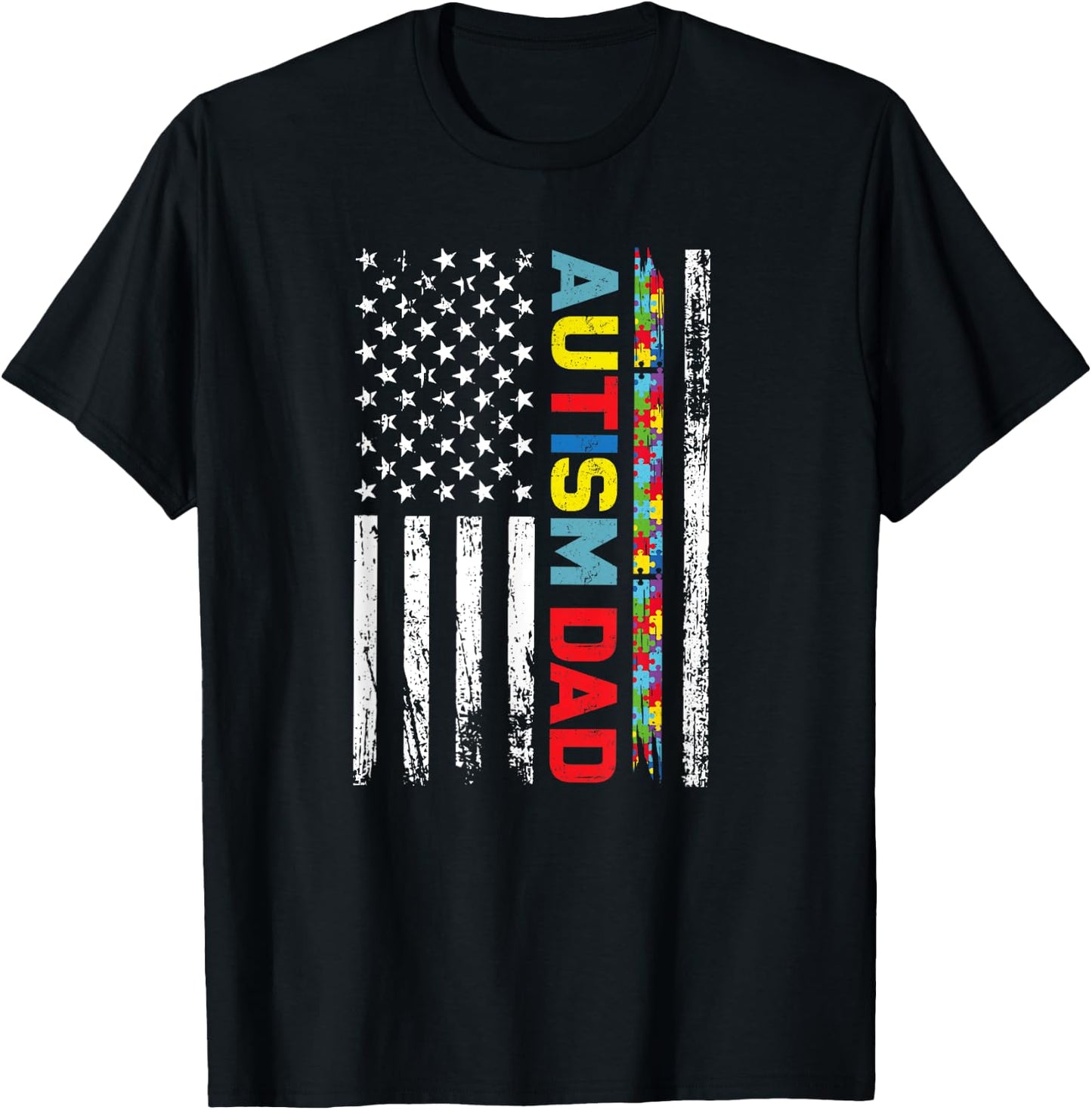 Autism Dad Fathers day Men USA America Flag Autism Awareness T-Shirt - T-Shirt | Black
