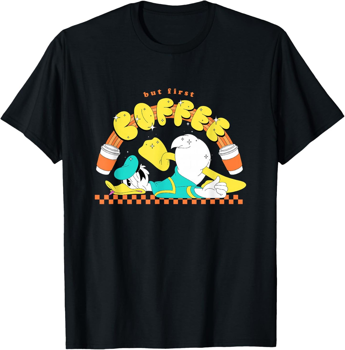 Disney Mickey And Friends Donald But First Coffee Chest Logo T-Shirt - T-Shirt | Black