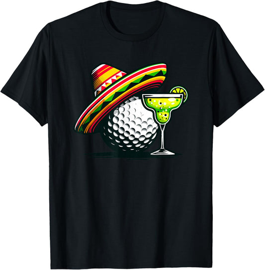 Cinco de Mayo Golf Ball With Sombrero and Margarita Golfer T-Shirt - T-Shirt | Black